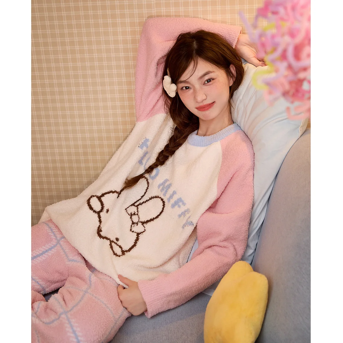 Miffy Autumn and Winter Pajamas for Women Kawaii Thickened Half Fleece Warm Cute and Sweet Home Wear for Girls