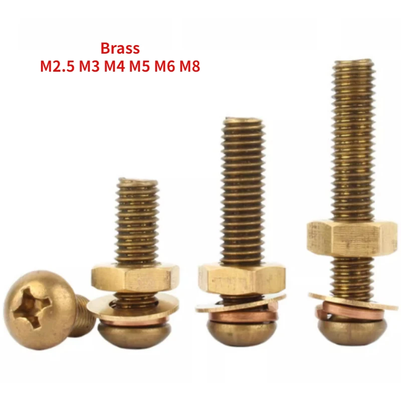 10-40sets M2.5 M3 M4 M5 M6 M8 4 in1 Brass Cross Round Pan Head Bolt Screw Nut Flat Washer Elastic Washer Combination Set