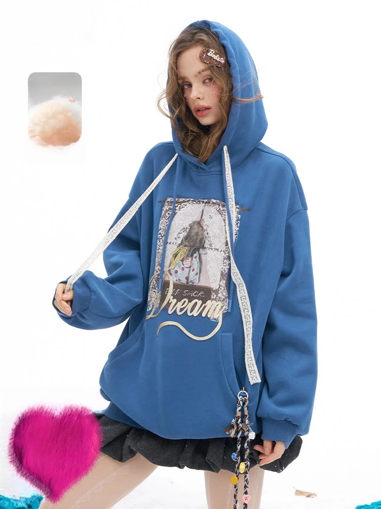 

Синяя толстовка с капюшоном и флисовой подкладкой, женская, свободного кроя, повседневная, зимняя, из смесового хлопка и полиэстера