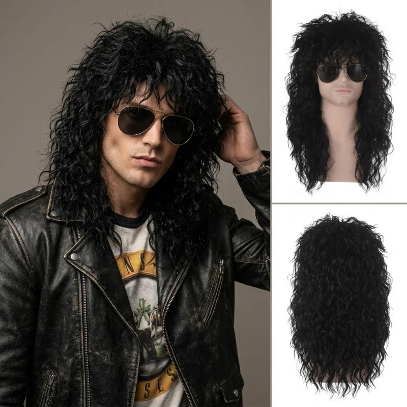 

16 Inch 80s Rock Black Curly Synthetic Wig with Sunglasses, Retro Heavy Metal Mullet Style, Heat Resistant Hair for Men Cosplay