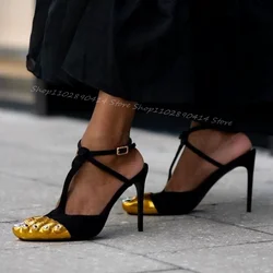 Sandalias de satén con cinco dedos de latón dorado Para mujer, Zapatos de tacón alto fino con hebilla en el tobillo, novedad de pasarela, 2024