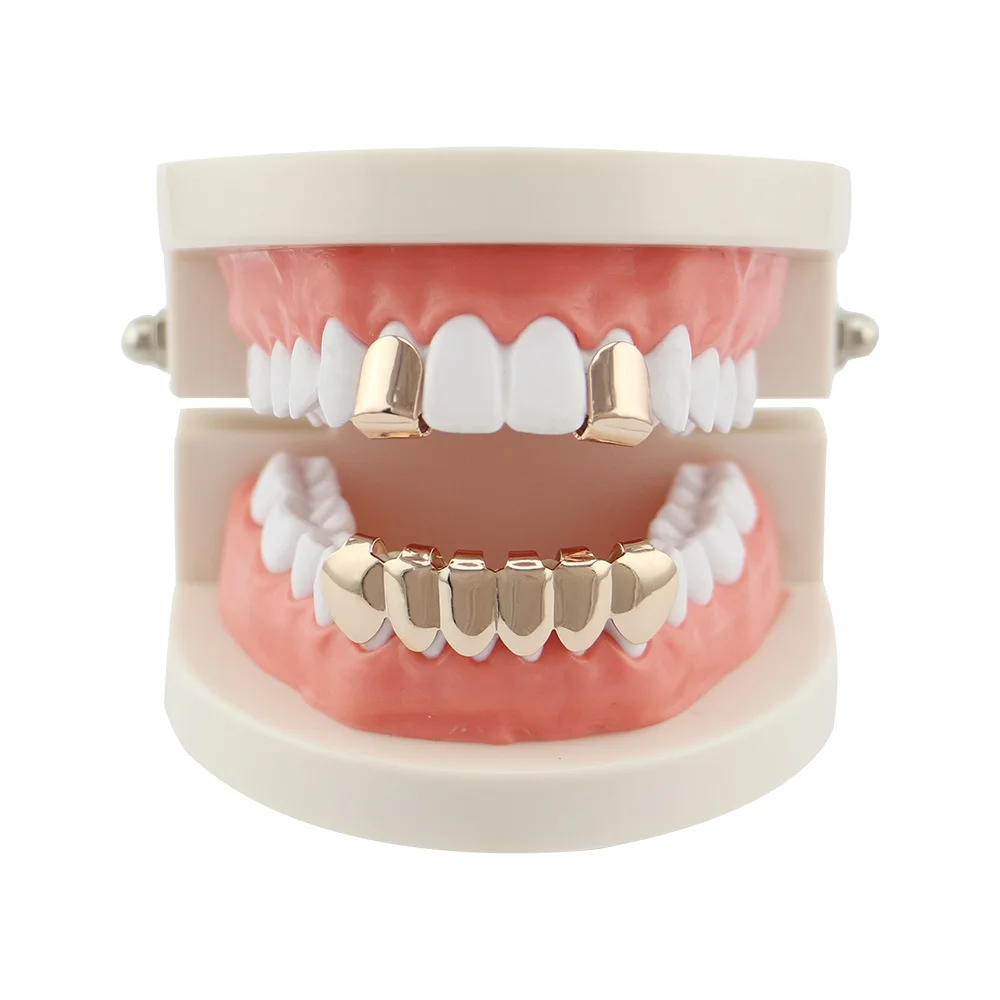 

18k Gold Plated Top 2 Lower 6 Teeth Hip Hop Teeth Cover Smooth Gold for Men and Women Halloween Vampire Teeth