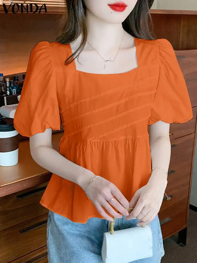 

2024 VONDA Short Puff Sleeve Solid Color Blouse Summer Women Casual Loose Shirts Pleated Shirts Square Collar Blusas Femininas