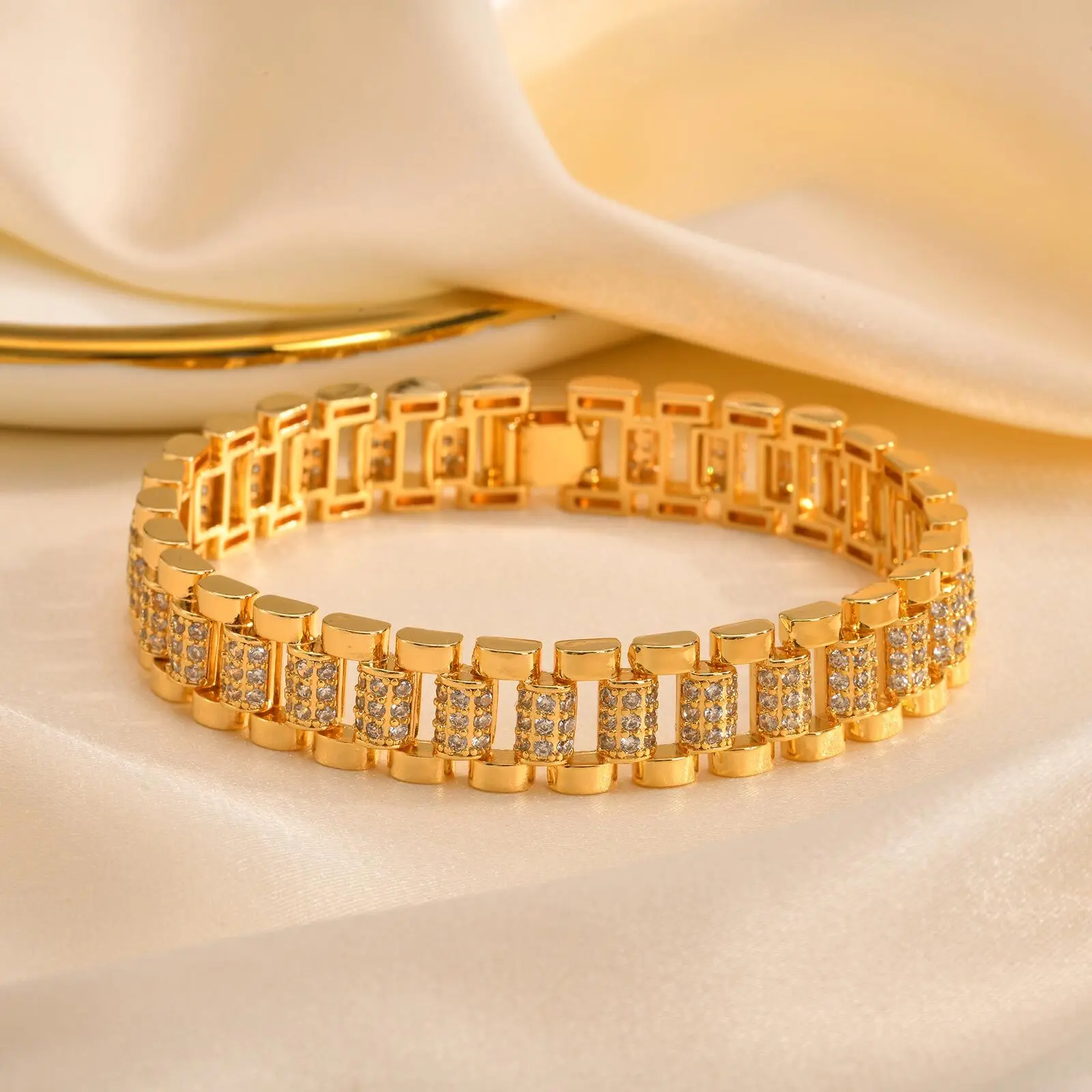Vnox  Block Chain Bracelets For Women Cubic Zirconia Inlay, Gold Plated Fashion Charm Jewelry Gifts To Girlfriend