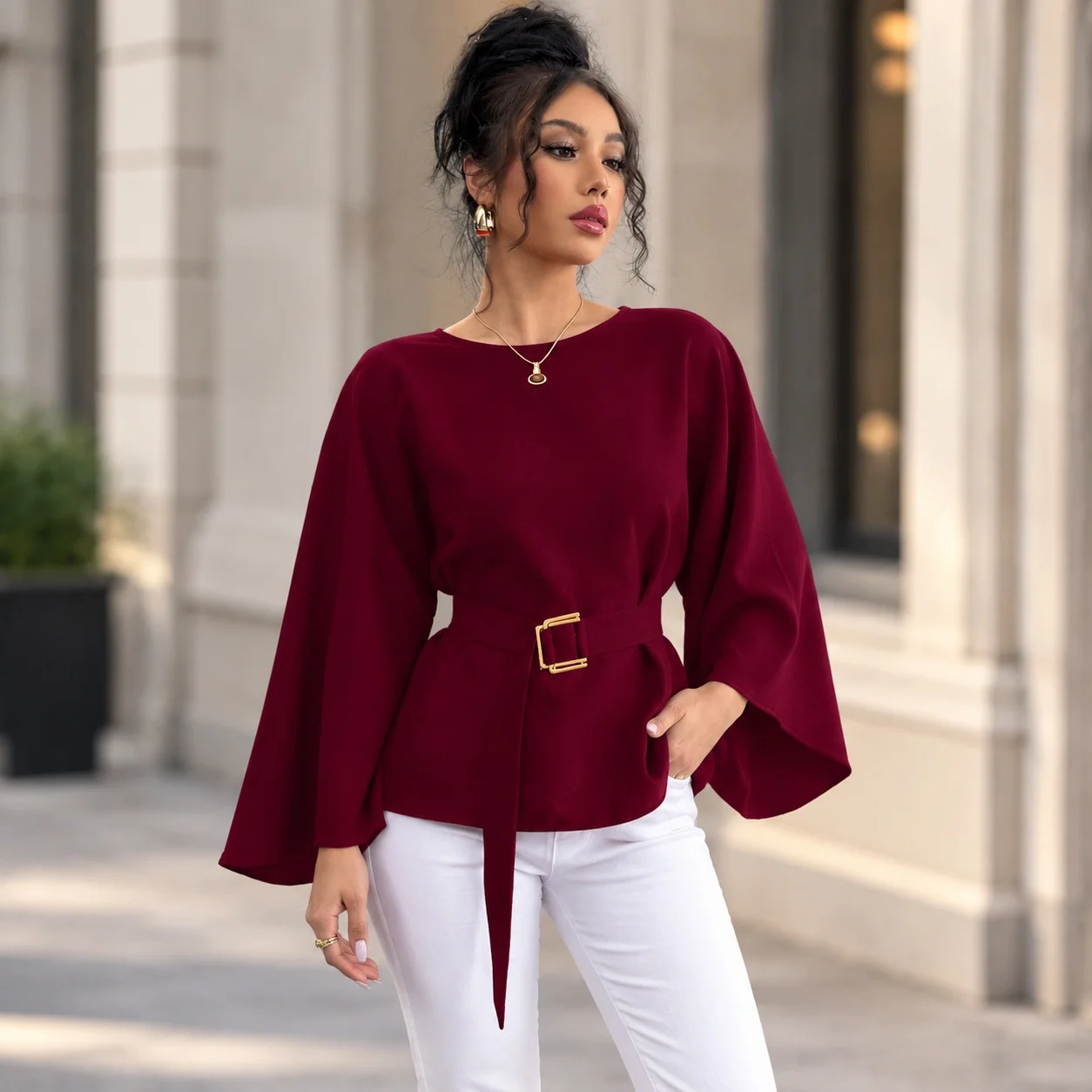 Round Neck Pullover Top Regular Length Ladylike with Private Designer Bell Sleeve Regular Fit T Shirts Elegant Summer for Women