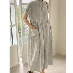 REALEFT Summer Vintage Striped Single Breasted Women's Shirt Dresses 2024 New Korean Casual Straight Dress Pockets Female