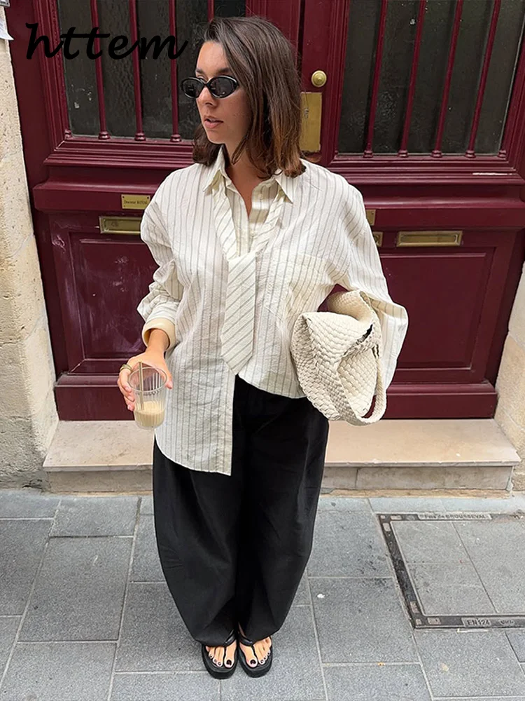 

Повседневная женская полосатая рубашка с завязками, свободные рубашки с длинными рукавами и однобортными карманами, осень 2023, женские шикарные топы для поездок на работу