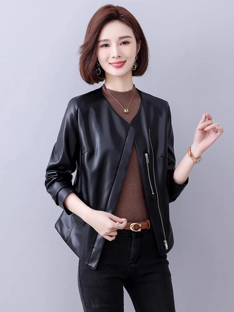 New Women Leather Jacket Spring Autumn Fashion Sweet O-Neck Zipper Fly Slim Short Coat Split Leather Casual Outerwear