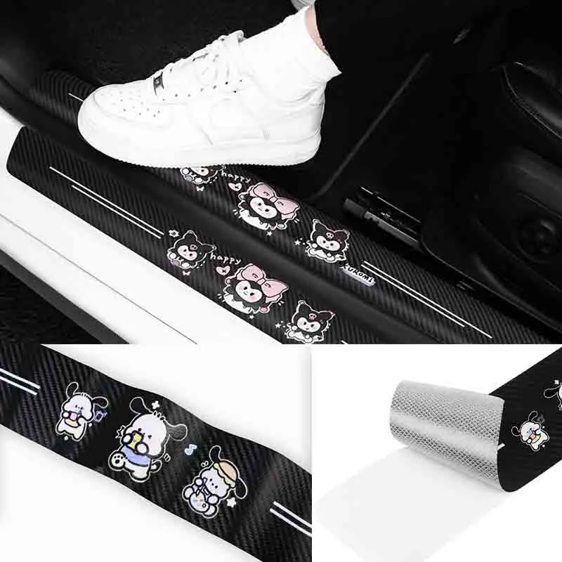 4Pcs/set Sanrio Kuromi Pochacco Car Door Protector Sill Kawaii Carbon Fiber Car Door Sill Protector Strip Anti-Scratch Stickers