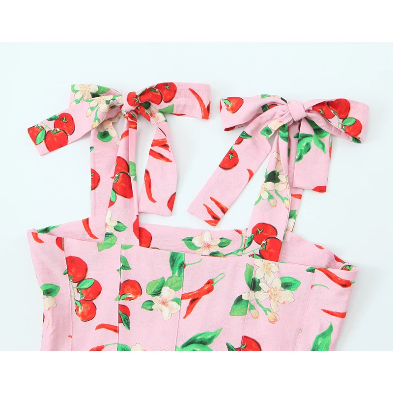 Summer Women Cherry Print A-line Mini Sling Dresses French Style Holiday Robe Sleeveless Sundress