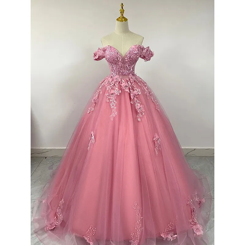 Dark Pink Vestido De Debutante Classic  Shoulder Floor-length Prom Dresses Lace Appliques Quinceanera Dresses Custom Customized