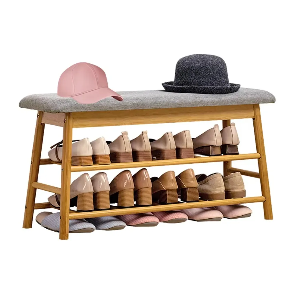 Modern Home Small Space Sitting Shoe Changing Stool Simple Design Bamboo 3 Tier Shoe Rack Storage with Bench