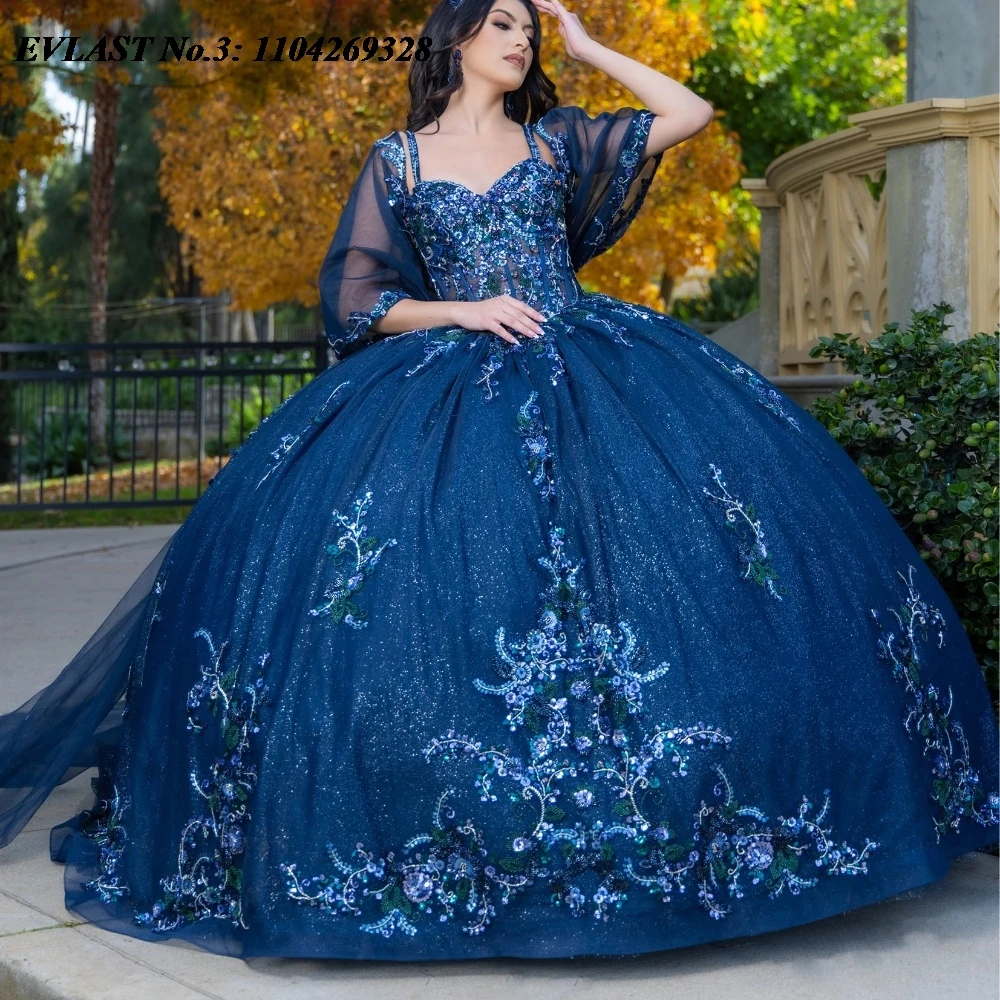 

EVLAST Customized Mexican Navy Blue Quinceanera Dress Ball Gown Sequins Applique Beading Cape Sweet 16 Vestido De 15 Anos E3Q267