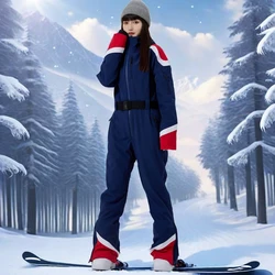 Slim Fit Women Ski Overalls Female Winter Snow Clothes Warm Breathable Skiing Suites Strap Jumpsuit Snowboard Tracksuit Hooded