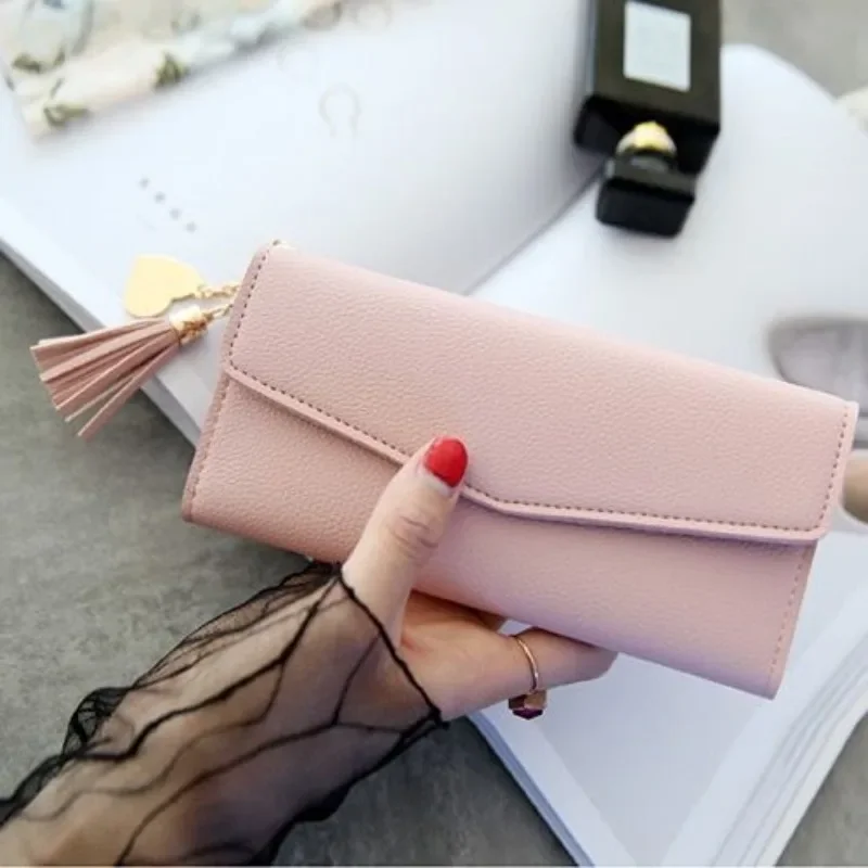 BOMO Dompet untuk wanita modis warna Solid kulit dompet koin gaya Korea Wanita Dompet cantik kasual dompet kartu panjang tas