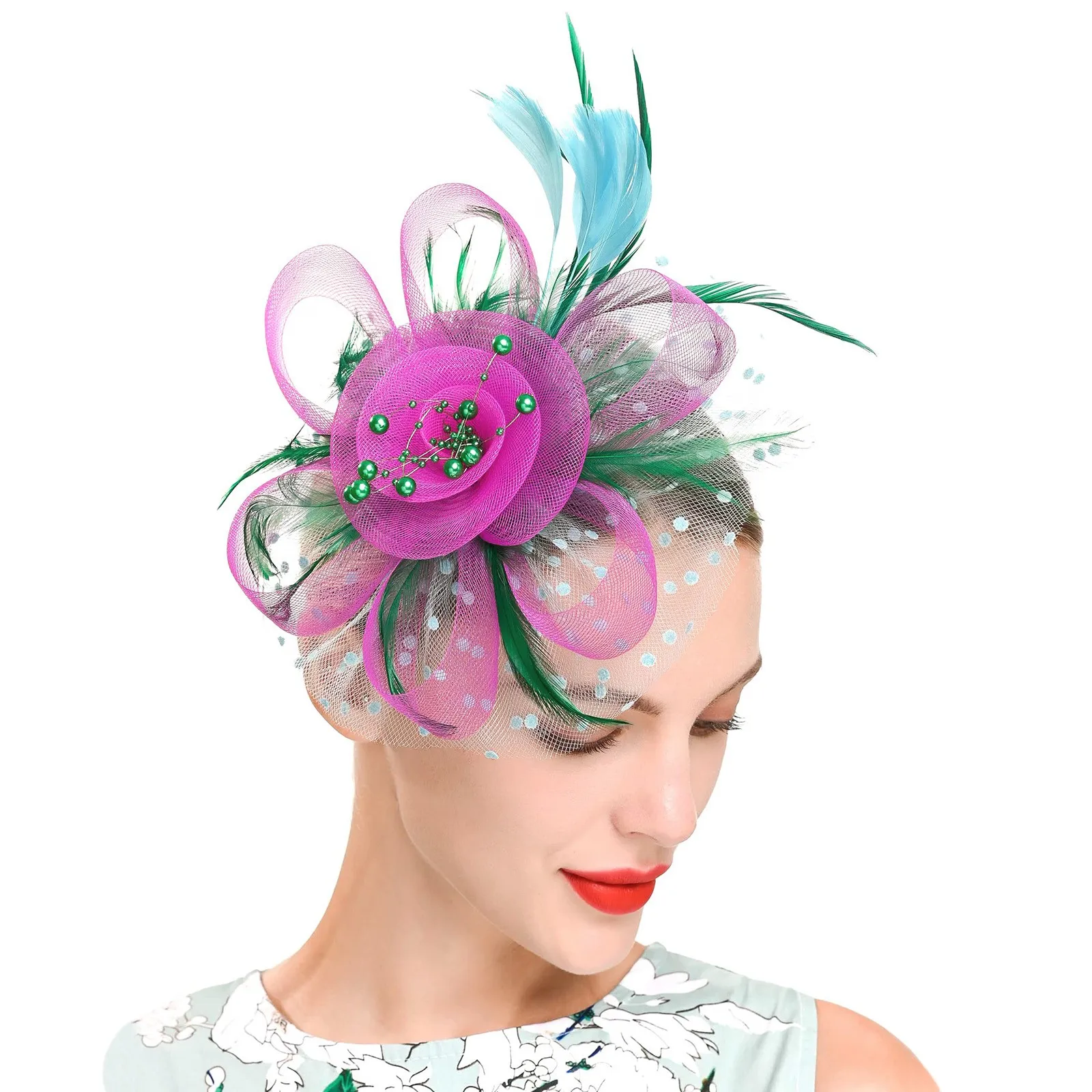 Vintage Women Feather Flower Fascinator Hat Ladies Hair Accessories Wedding Party Floral Mesh Veil Headband Hairpin