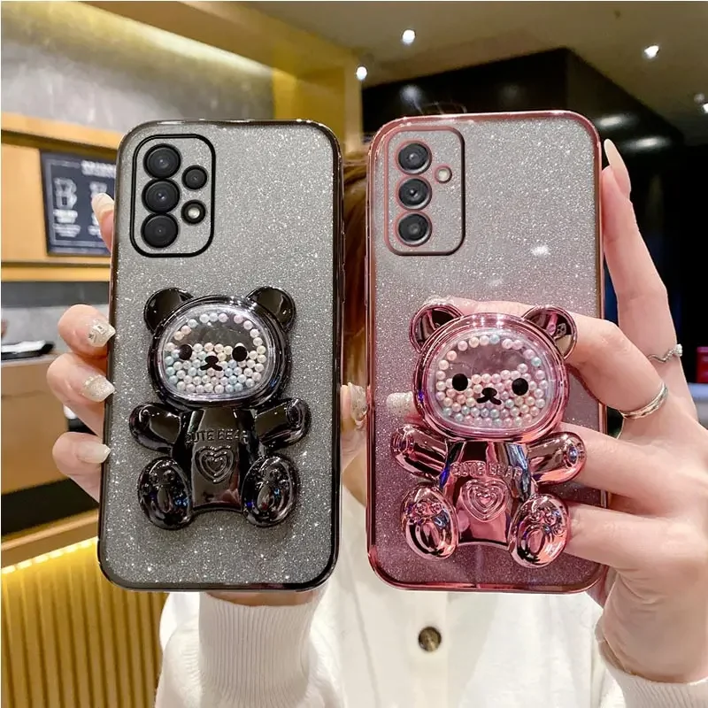 For Moto G24 G 14 54 Cute Bear Holder Bracket Glitter Plating Phone Case for Motorola Moto G24 G 24 G14 G54 G84 Stand Soft Cover