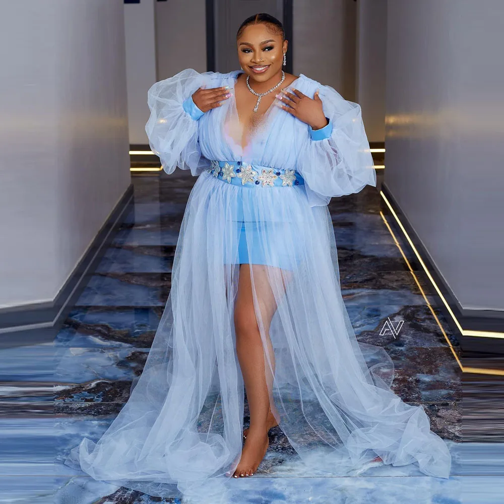 

Pregnant Woman Baby Blue Tulle Dresses Deep V Neck Puffy Long Sleeves High Slit Baby Shows Dress
