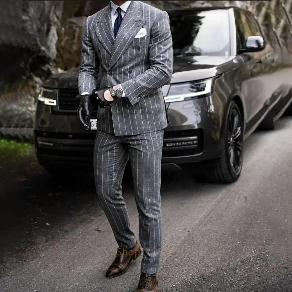 

2pcs Men's Gray Striped Wedding Casual Tuxedo Men's British Slim Suit Men's Quality Business Social Club Suit Costume Homme