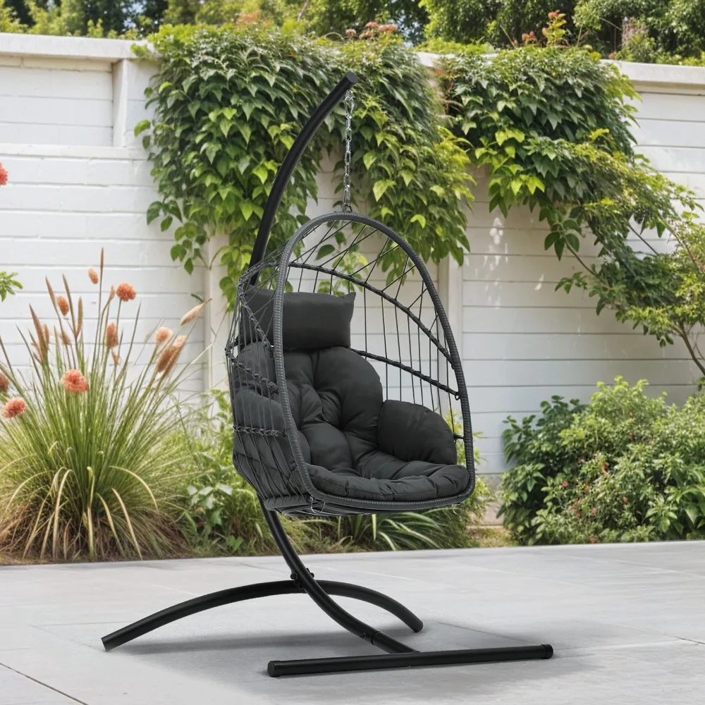 

Hanging Egg Chair Rattan Wicker Waterproof Patio Swing Stand Steel w/ Cushion