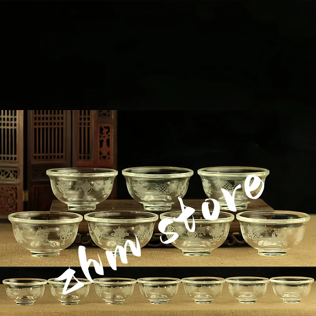 

1pcs/set White Transparent Artificial Crystal Buddhist Sacrificed Water Eight Auspicious Symbol Putting Decorate Cups Sets
