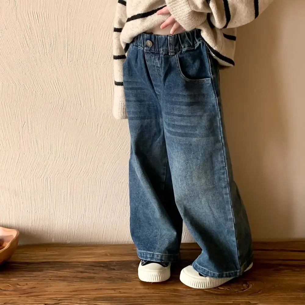 

Children's Pants 2025 Spring Baby Girl Korean Dark One-button Denim Straight-leg Pants Children's Casual Loose Wide-leg Pants