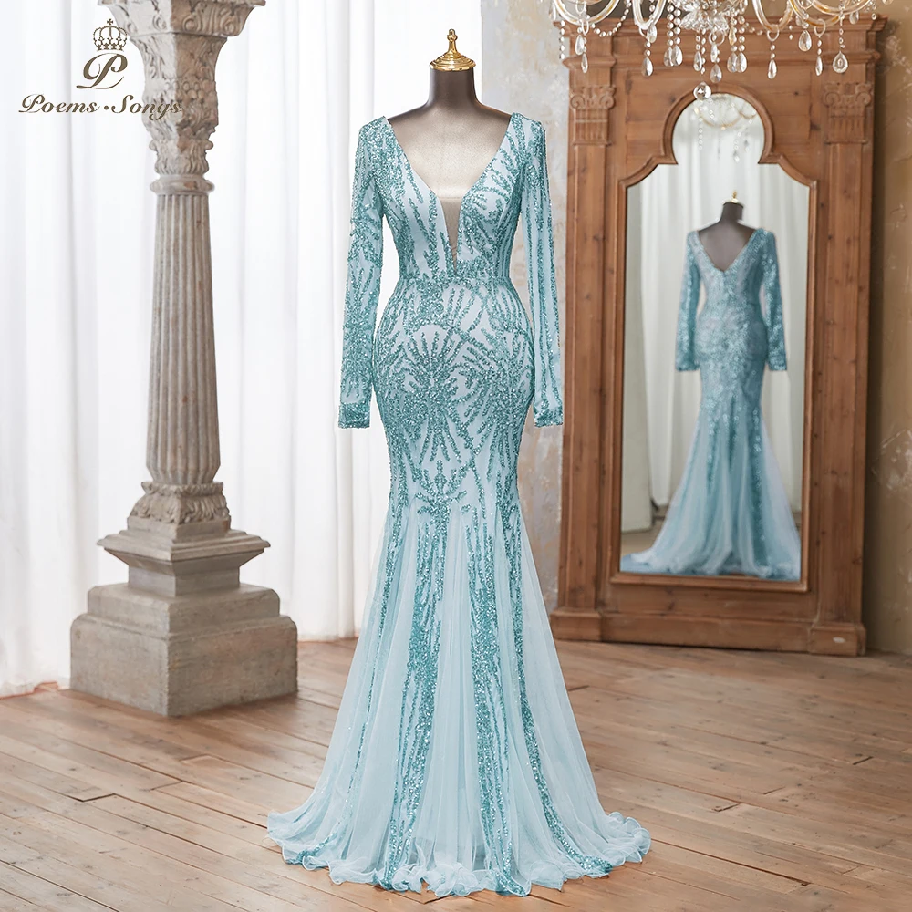 Luxurious Sky blue Long Sleeve Sequin Gown Deep V-Neck Embellished Pattern Mermaid Formal Dress Elegant Evening Special Events