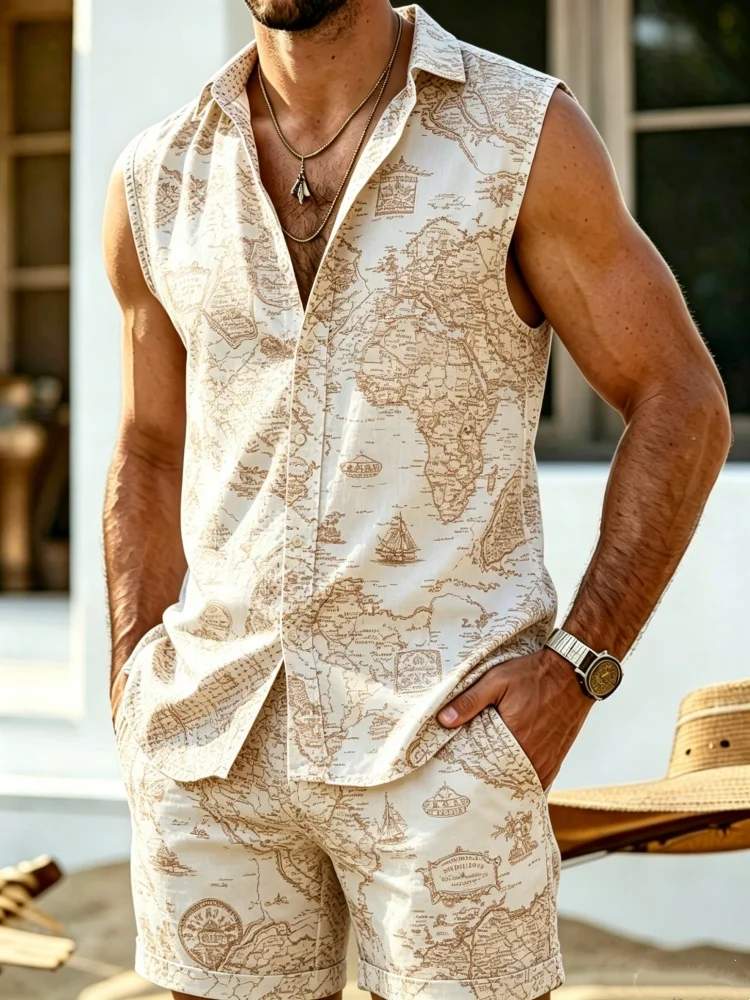 

Men's Sleeveless Button-Down Shirt & Shorts Set, Loose Comfort Beige Vintage World Map Print Casual Summer Outfit