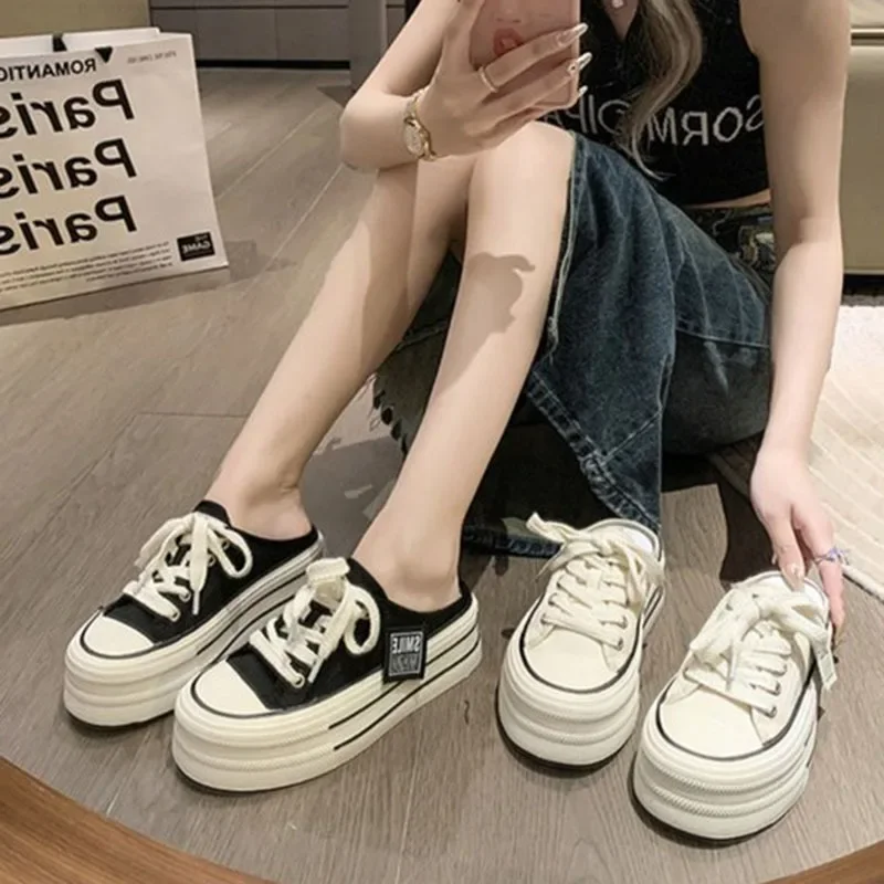 2023 Summer New Thick Soles Increase Slippers Trend Slip-on Half Drag Fashion Casual Canvas Slippers Shoes Women Slides Sneakers