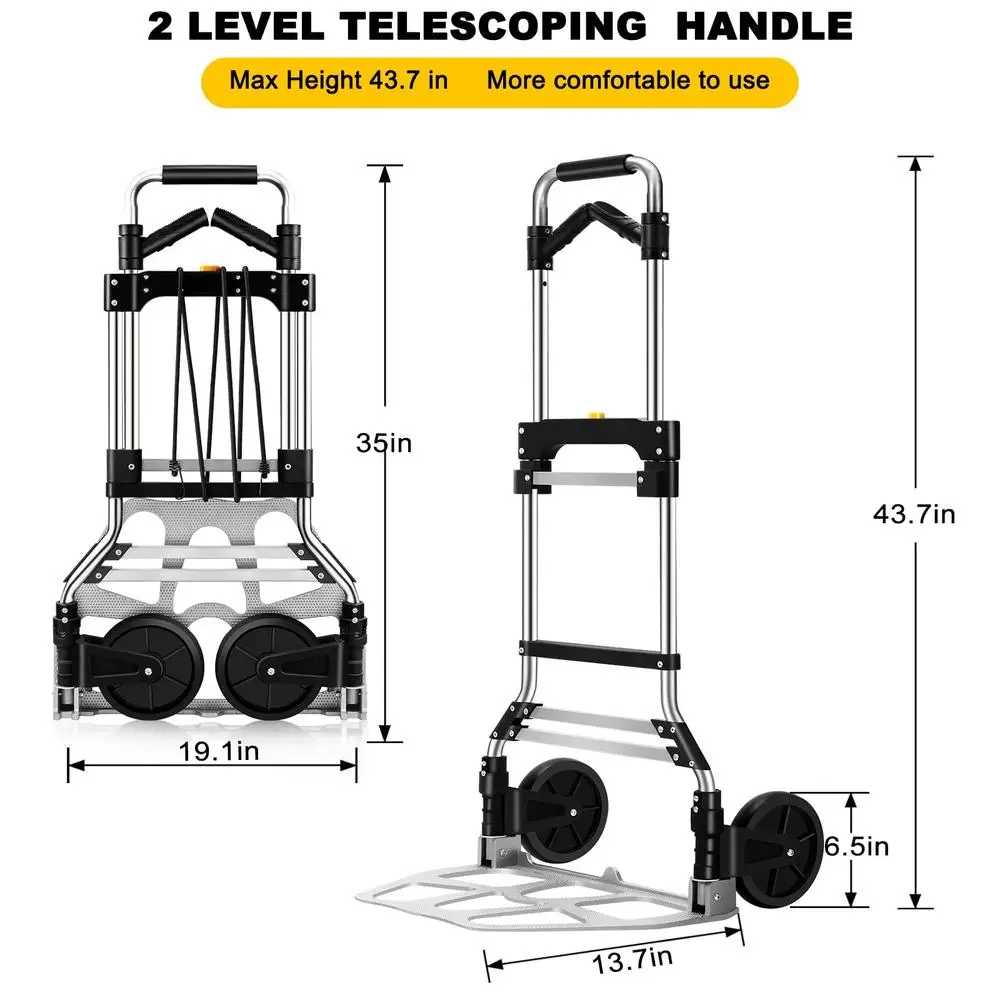 รถบรรทุกมือพับ Dolly Cart ความจุ 330 ปอนด์อลูมิเนียมแบบพกพา Telescoping Handle ยางล้อรถเข็นขนส่ง