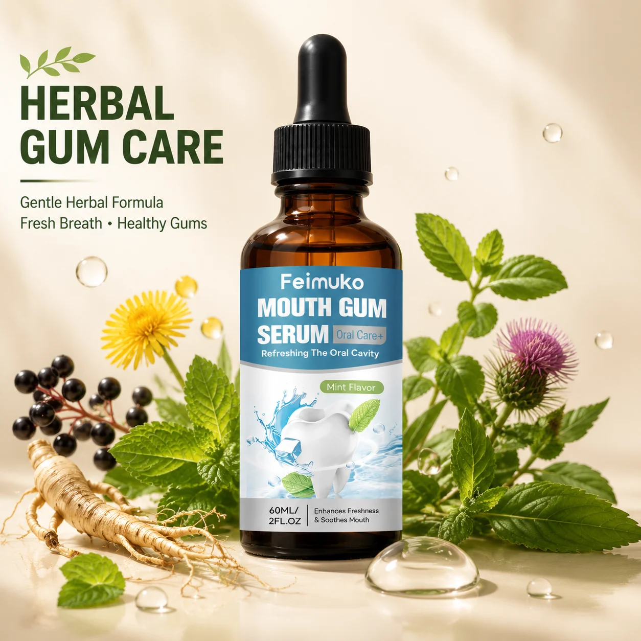 Mint Flavor Oral Gum Serum Herbal Mouth Care Liquid 60ml Moisturize Oral Tissue Freshen Breath Soothe Discomfort Gum Treatment
