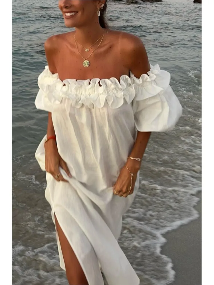 

Solid Sexy One Shoulder Dress For Woman Summer Fashion Lace Splicing Short Sleeves Midi Dresses Ladies Beach Vacation Vestidos