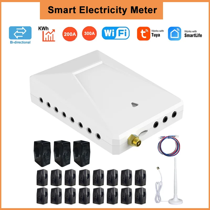 Tuya Wifi 3 Phase 4 Wire Smart Electricity Meter 200A 300A 3 Main CT+50A 16 Sub CTs KWH Meter Bidirectional Measure Solar Energy