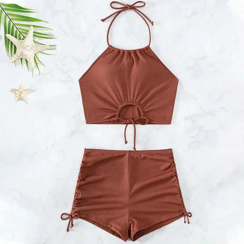 Costume da bagno da donna in 2 pezzi tinta unita caffè, tankini bikini a vita alta 2024, costumi da bagno senza schienale con bretelle per vacanze estive al mare Nuovo