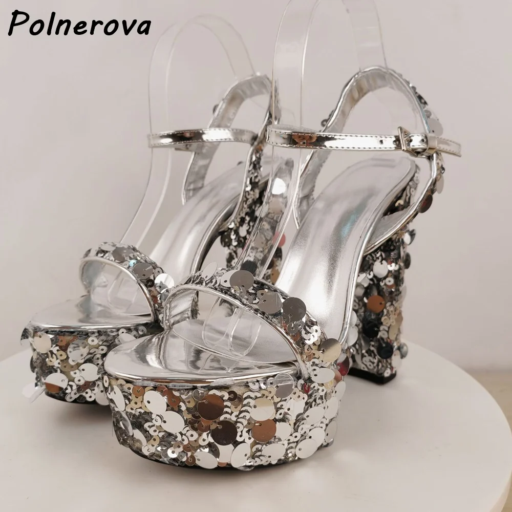 Silver Sequin Platform Sandals Chunky Heel Open Toe Ankle Strap Buckle Party Shoes Straight Strap Bling Elegant Summer Shoes
