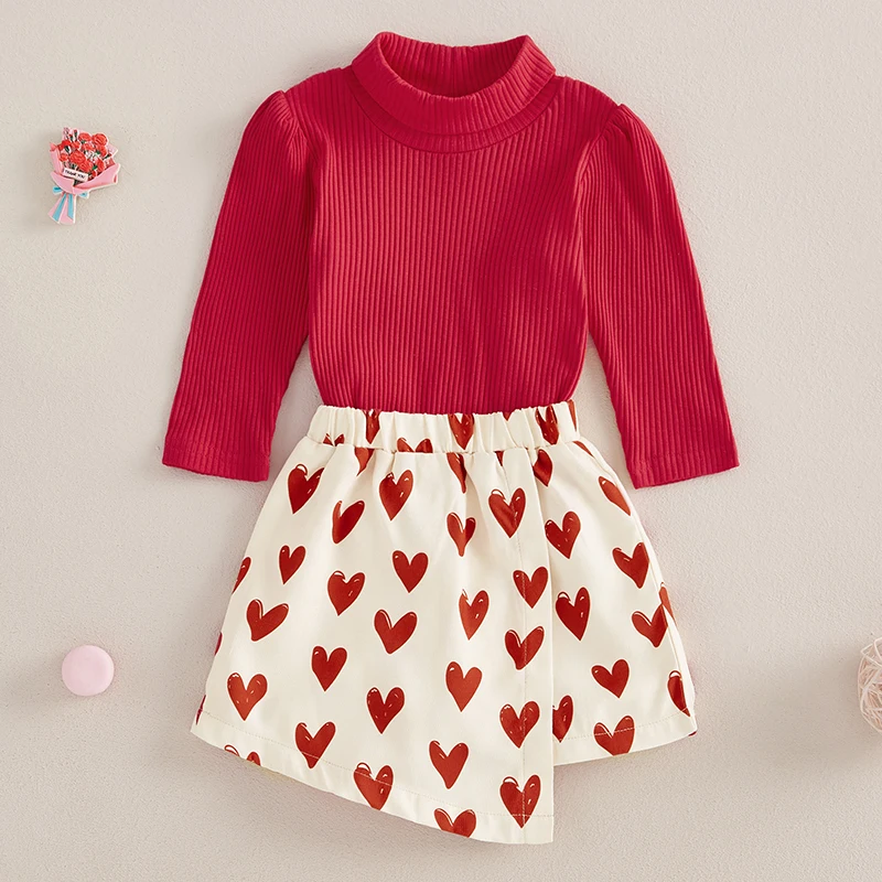 Tregren Toddler Girl Valentine's Day Outfits Red Mock Neck Long Sleeve T-Shirt Tops and Heart Print Skorts 2Pcs Set Kids Clothes