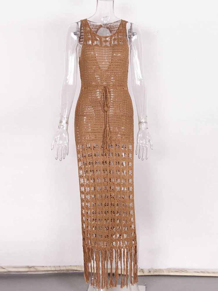 Totatoop Häkeln, aushöhlen, gestrickt, Badeanzug, Cover-Up-Kleid für Frauen, 2024, Sommer, ärmellos, hohe Schlitzquaste, Bobo-Maxikleider