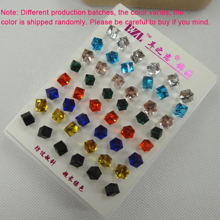 VIVILADY 24pairs/lot Fashion Crystal Stud Earrings Women Clear Red Blue Black Green CZ Cube Stone Jewelry Gift Wholesales Price