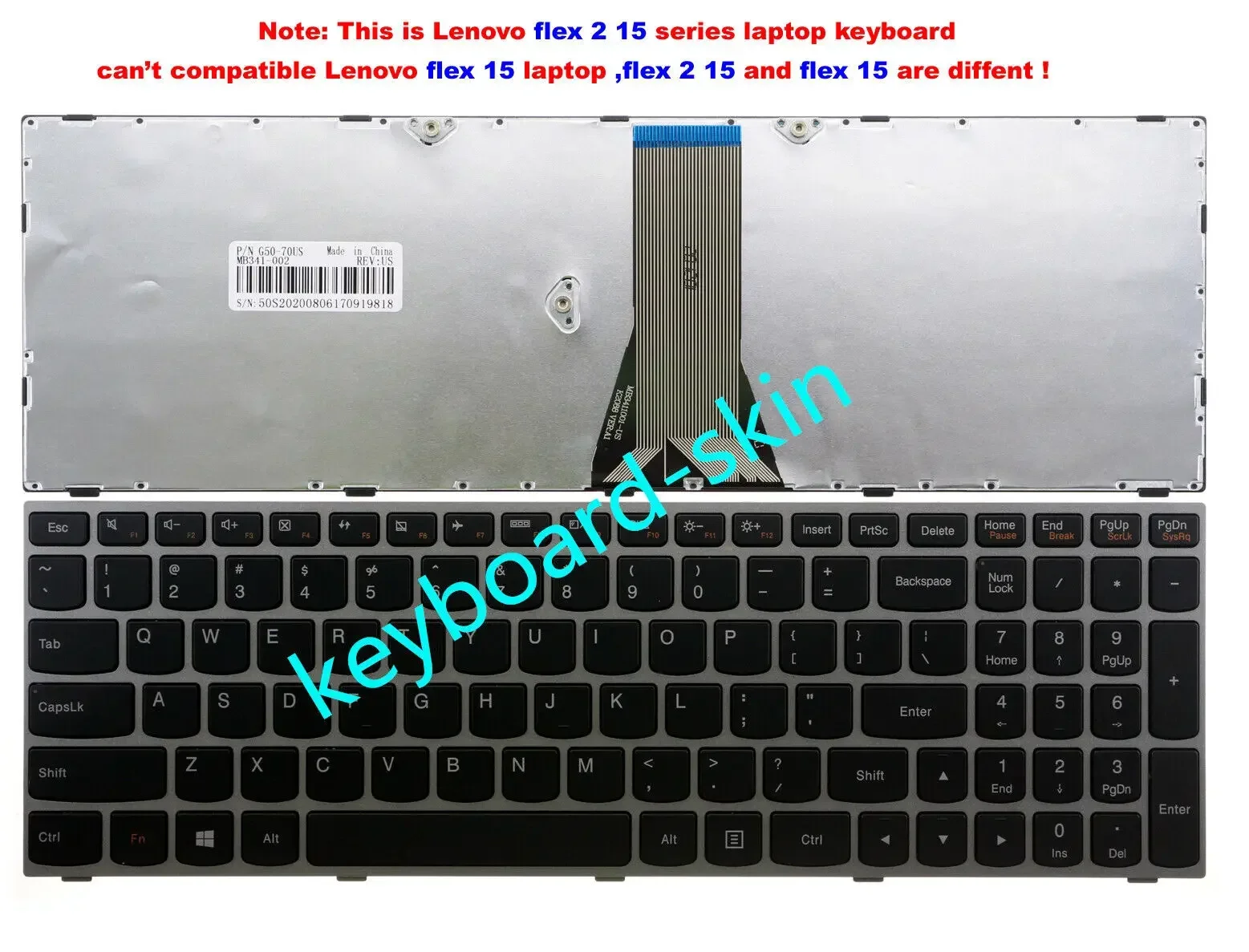 US No-backlit Keyboard for Lenovo 300-15IBR 300-15ISK 300-17ISK 305-15ABM 500-15ACZ,500-15ISK Flex2 15,Flex2 15A(isn't flex 15)