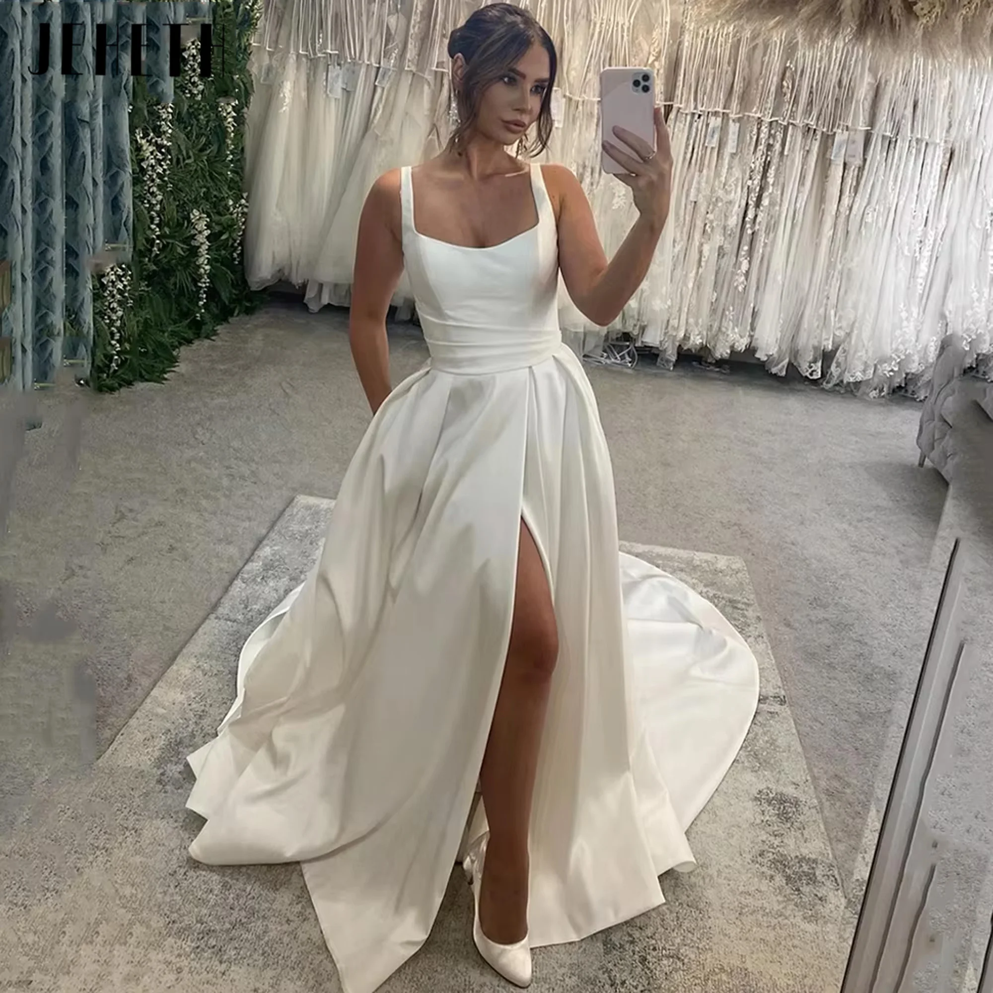 

JEHETH Vintage Satin Square Neck A Line Wedding Dresses Sleeveless Backless Bridal Dress High Side Split Wedding Gown Customized