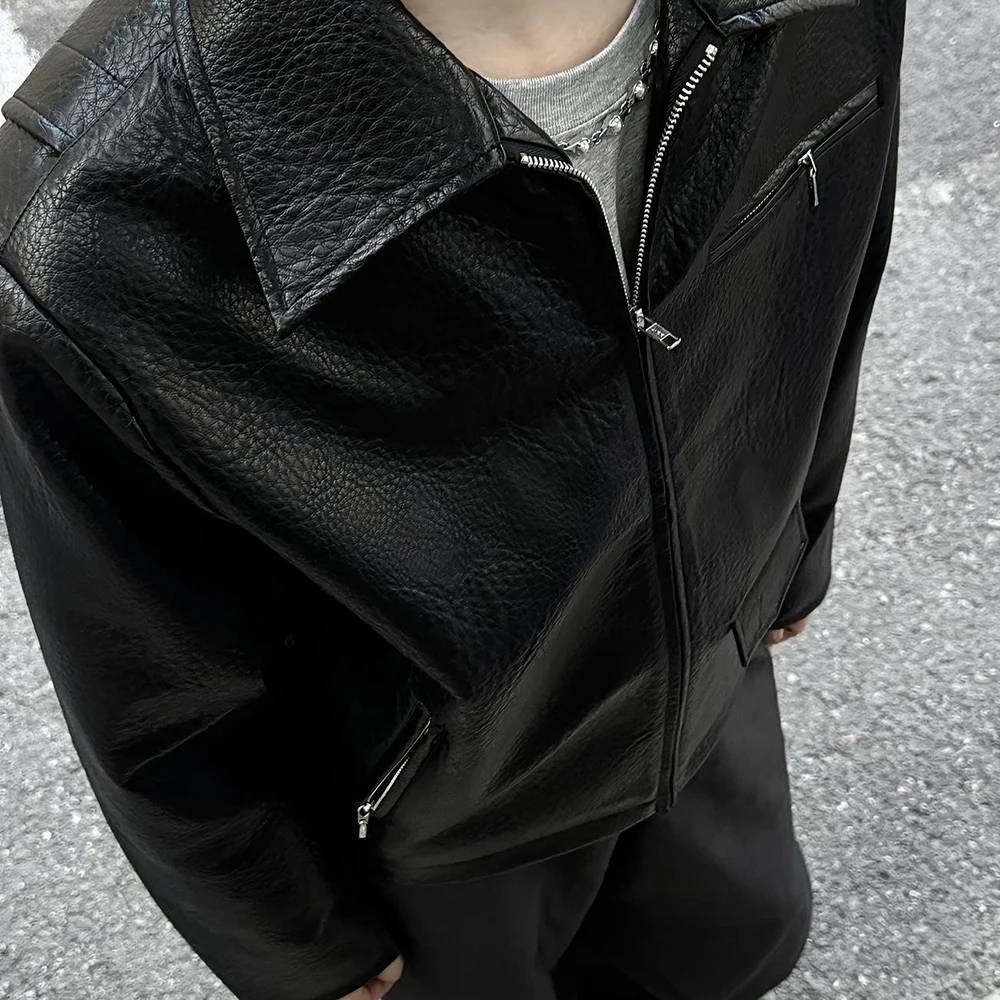 Winter Men's Solid Color PU Leather Long-Sleeved Jacket American Retro Fashion Trendy High Street Loose Casual Niche Men's Top