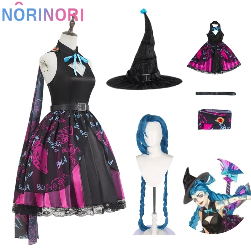 Anime Arcane 2 Game LoL Cosplay Jinx Costume Witch Sleeveless Dress Lolita Hat Wig Woman Sexy Carnival Party Suit Customized