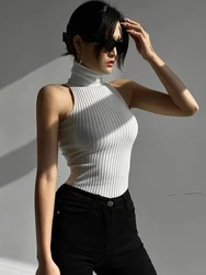 Seksi Örgü Tank Top Balıkçı Yaka Kırpma Üstleri Kadın Yaz Camiş Backless Kaşkorse Moda Rahat Tee Kadın Kolsuz Kırpılmış Yelek