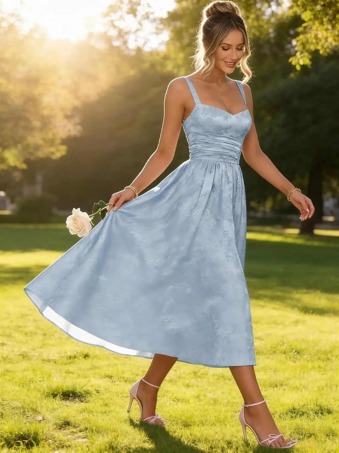 

Long Luxury Satin Jacquard Prom Dresses 2026 V Neck Tea Length Midi Evening Party Gown with Pockets for Women Party Dress