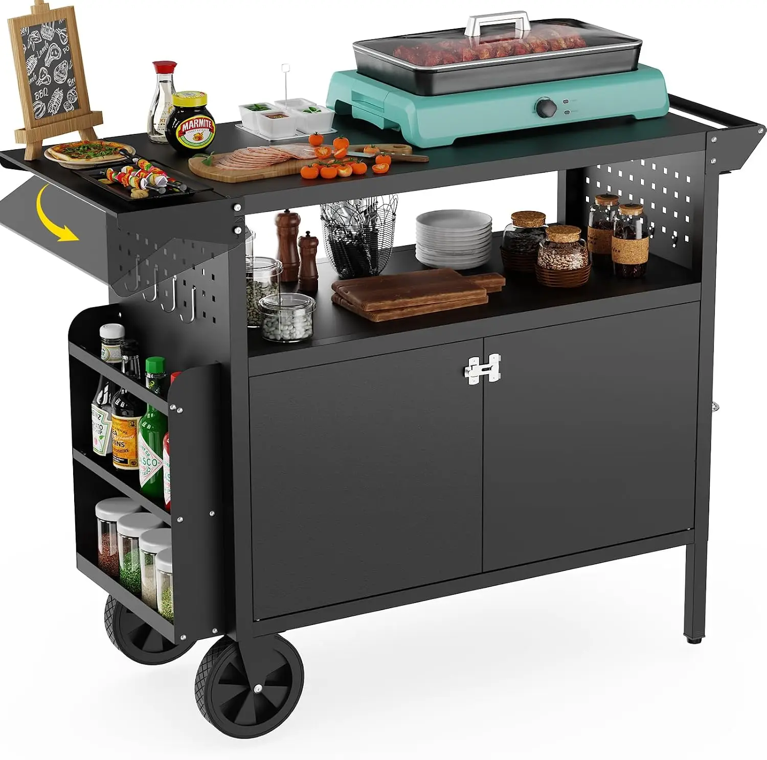 Outdoor Grill Cart Table With Storage Kitchen Island With Wheels Foldable Tabletop For BBQ Food Prep Station Heavy Duty Metal Griddle Countertop For Patio And Camping