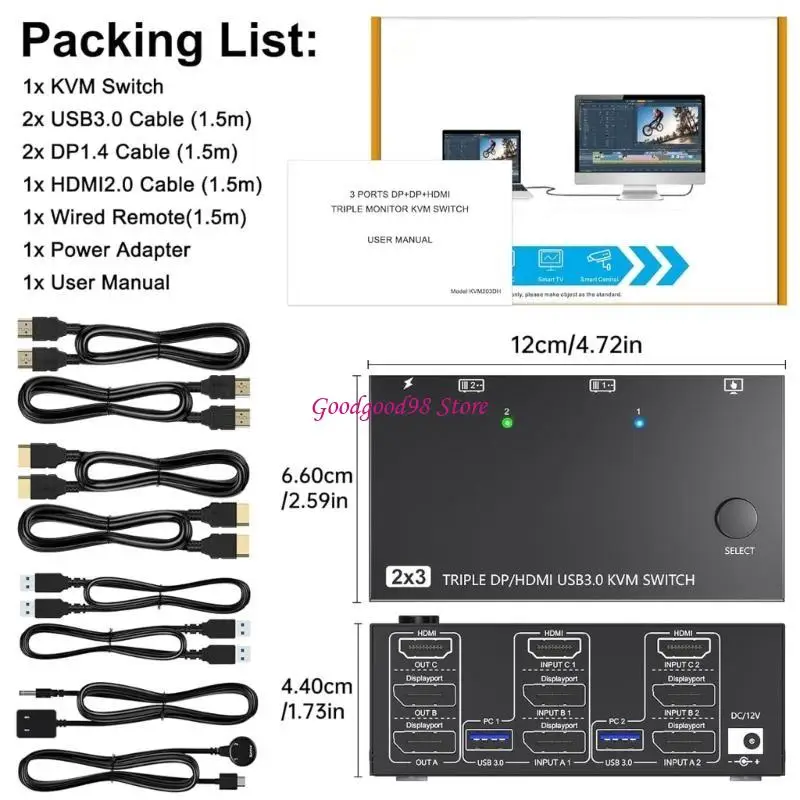 

KVM-переключатель USB3.0 8K при 60 Гц 4K при 60 Гц для 3 мониторов, 2 компьютеров с 4 портами USB