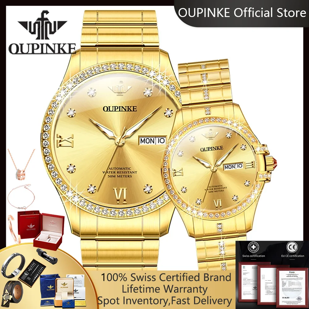 OUPINKE 3195 Couple Watches for Men Women 5Bar Waterproof Dual Calendar Luminous Top Luxury Original Automatic Mechanical Watch