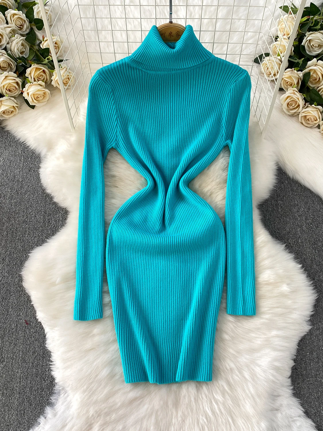 Ele High Ne Long Sve Gestrickte Dr Schlankheits-Basisschicht Herbst Winter Wickelrock Bequeme dehnbare figurbetonte...