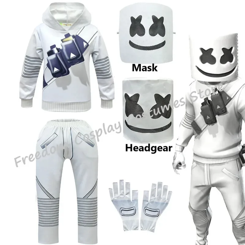 Детский костюм электронной звуковой певицы DJ Marshmello Fortnites для девочек и мальчиков на Хэллоуин, Рождество, карнавальный костюм для вечеринки, комплект с капюшоном Детский костюм электронной звуковой певицы DJ Marshmello Fortnites для девочек и мальчиков на Хэллоуин, Рождество, карнавальный костюм для вечеринки, комплект с капюшоном