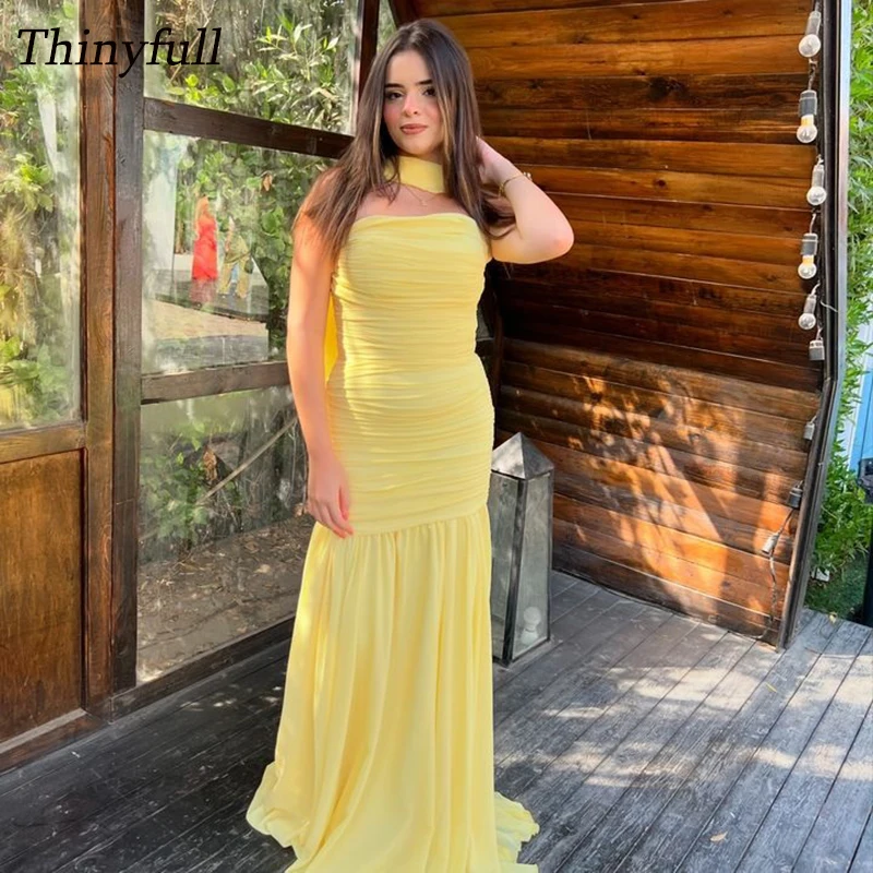 

Thinyfull Mermaid Chiffon Evening Party Gown Strapless Sleeveless Prom Dresses 2025 Long Dubai Formal Occasion Dress